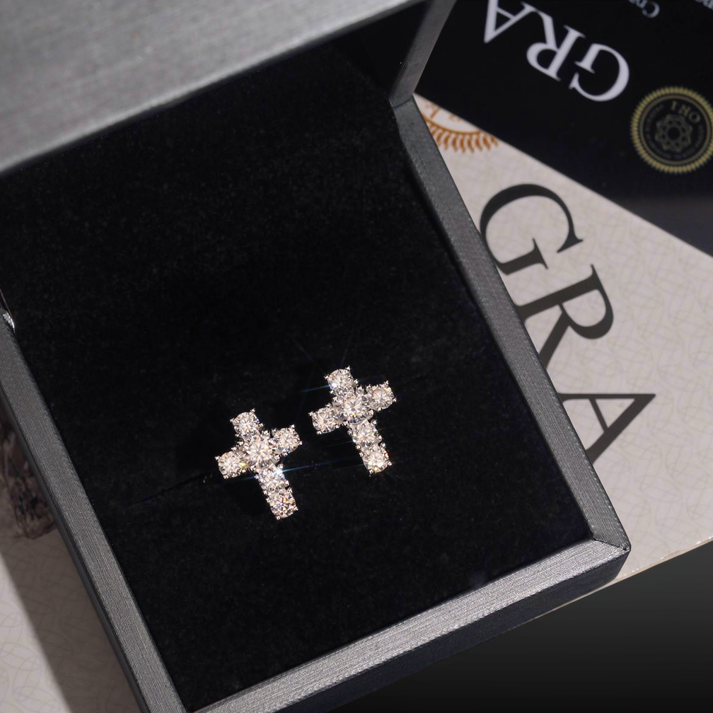 Zuanfa Iced Out Moissanite Cross Earrings