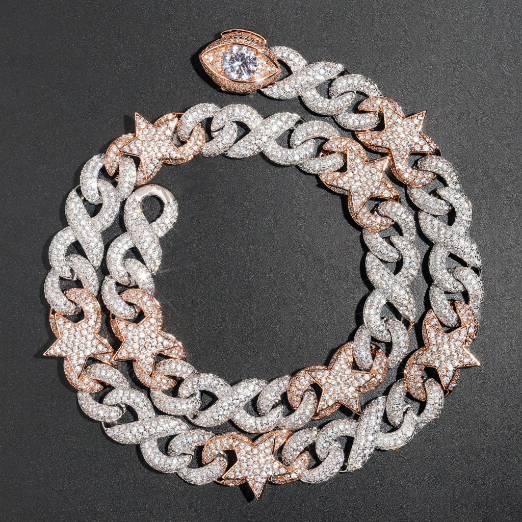 15mm Two Tone Diamond 18k Gold Plated Star Cuban Link Chain