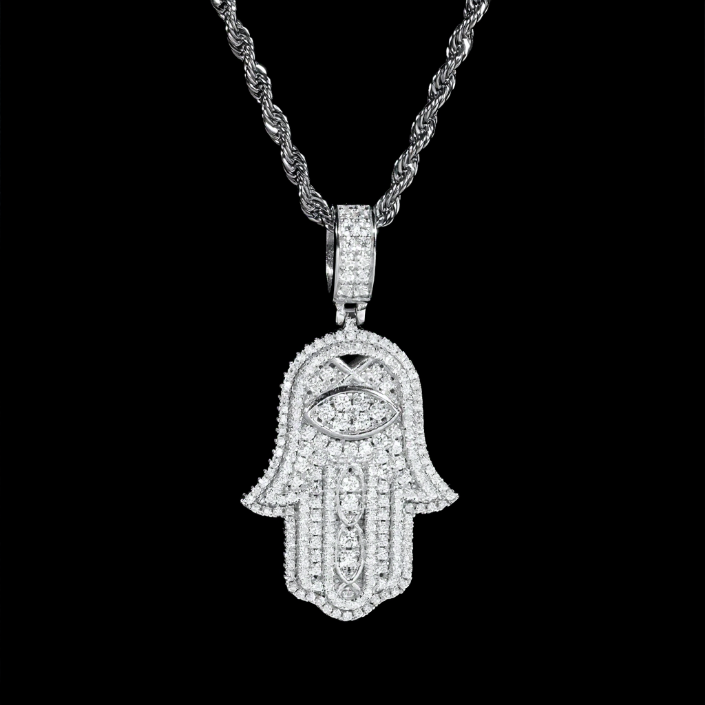 Iced Out Moissanite Evil Eye Hamsa Hand Pendant