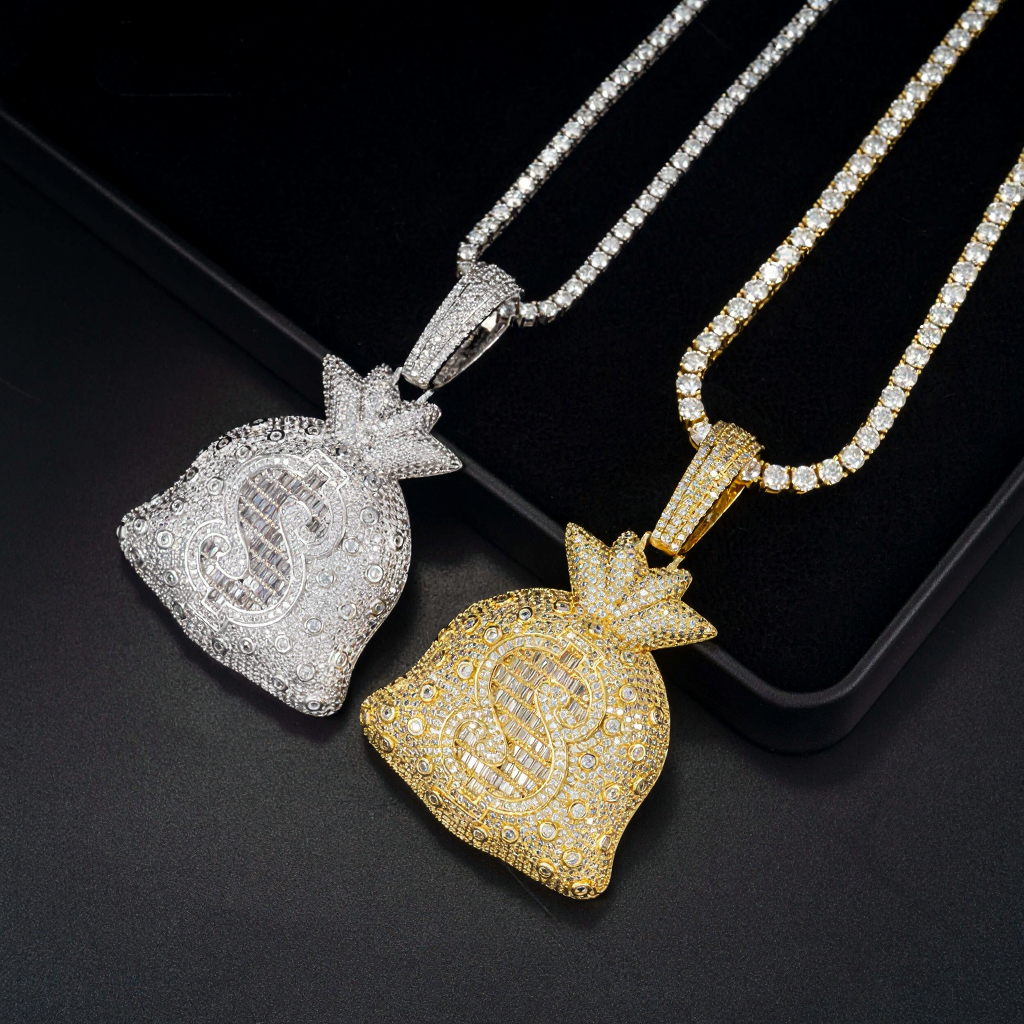 Hip Hop Dollar Money Bag Moissanite Pendant 18k Gold