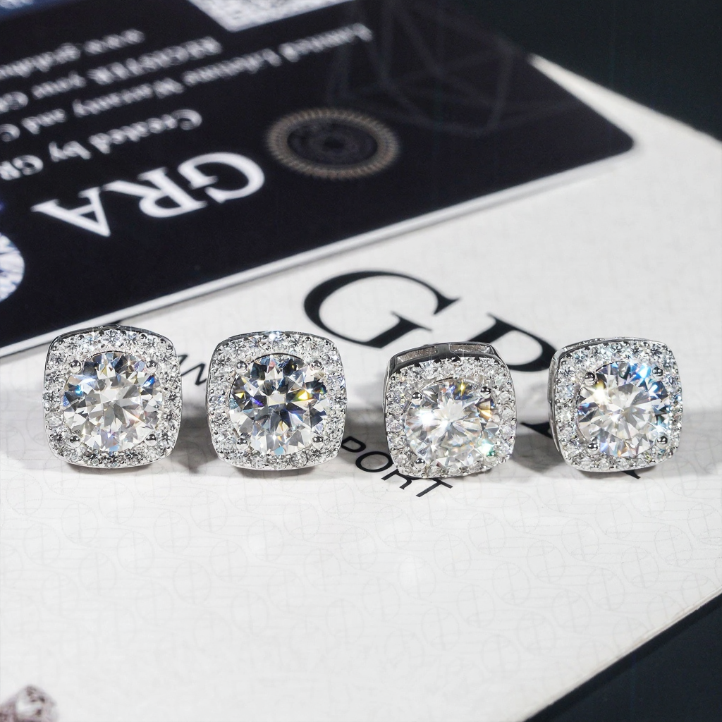Square Shape Halo Design D Color Moissanite Earring