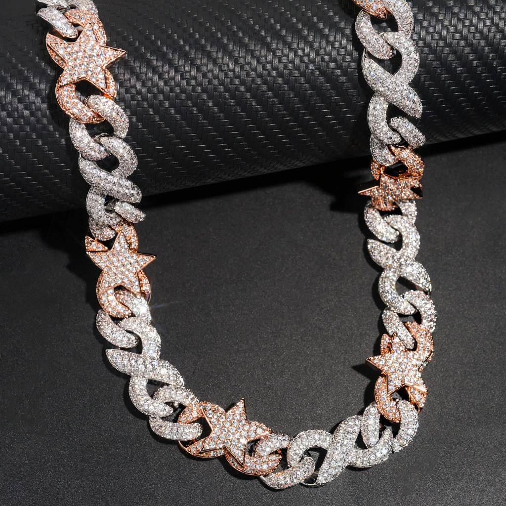 15mm Two Tone Diamond 18k Gold Plated Star Cuban Link Chain