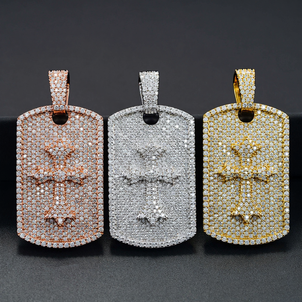 Iced Out Cross Dog Tag Moissanite Pendant 18k Gold