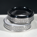 Black White Ceramic Moissanite Ring 18K Gold