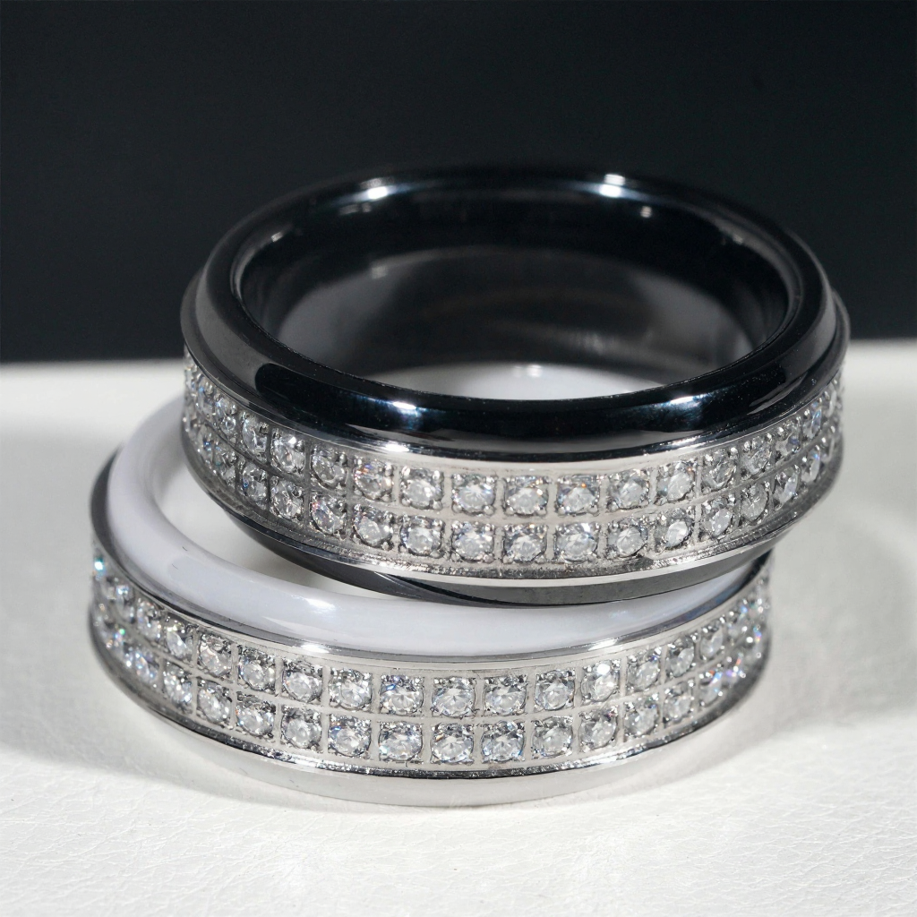 Black White Ceramic Moissanite Ring 18K Gold