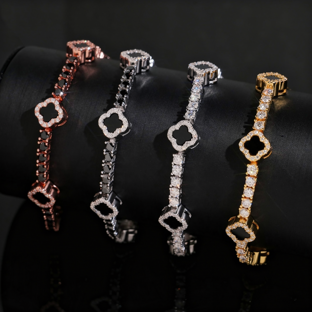 Zuanfa 3MM Black Agate Clover Tennis Bracelet