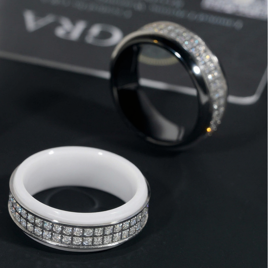 Black White Ceramic Moissanite Ring 18K Gold