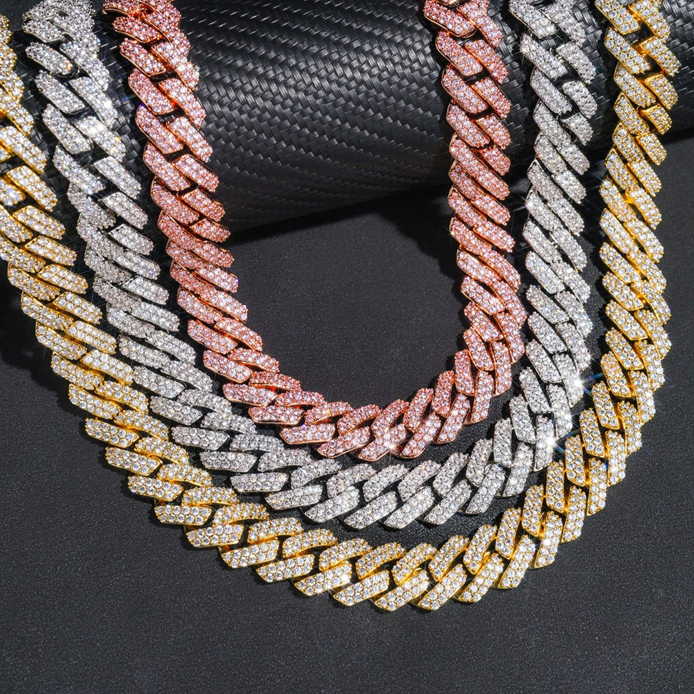 High Quality Brass CZ Diamond Necklace 15mm Width Cuban Link Chain
