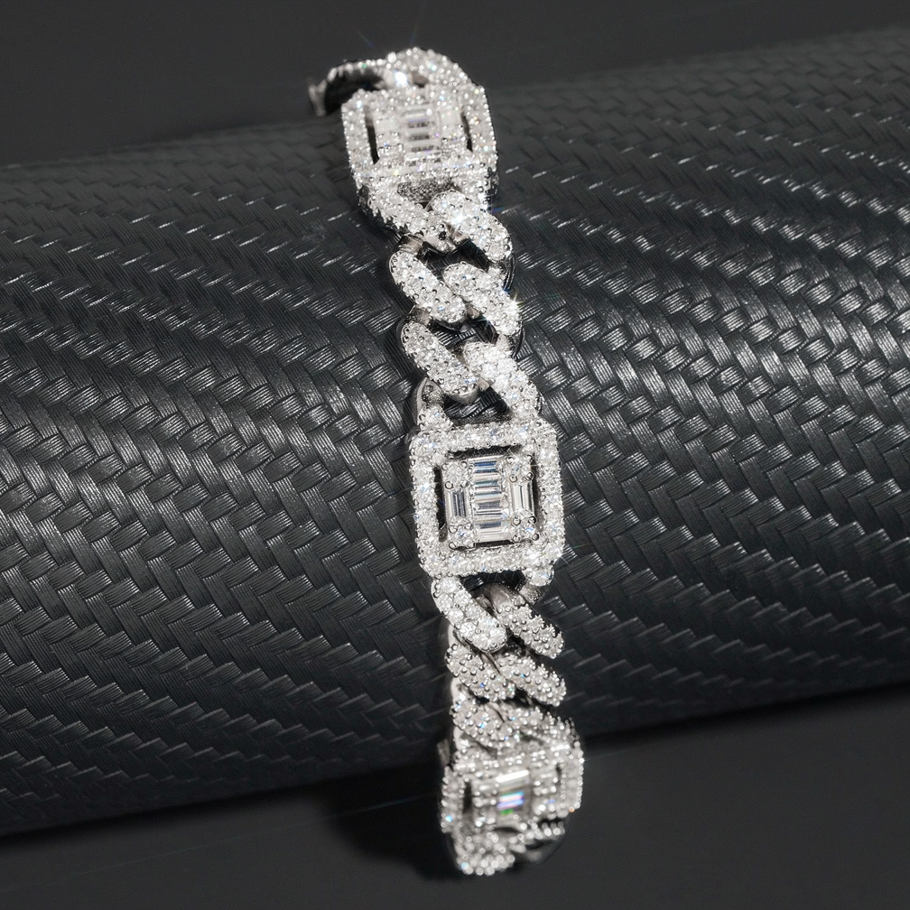 Iced Out Hip Hop 12mm Baguette Moissanite Diamond Cuban Link Bracelet