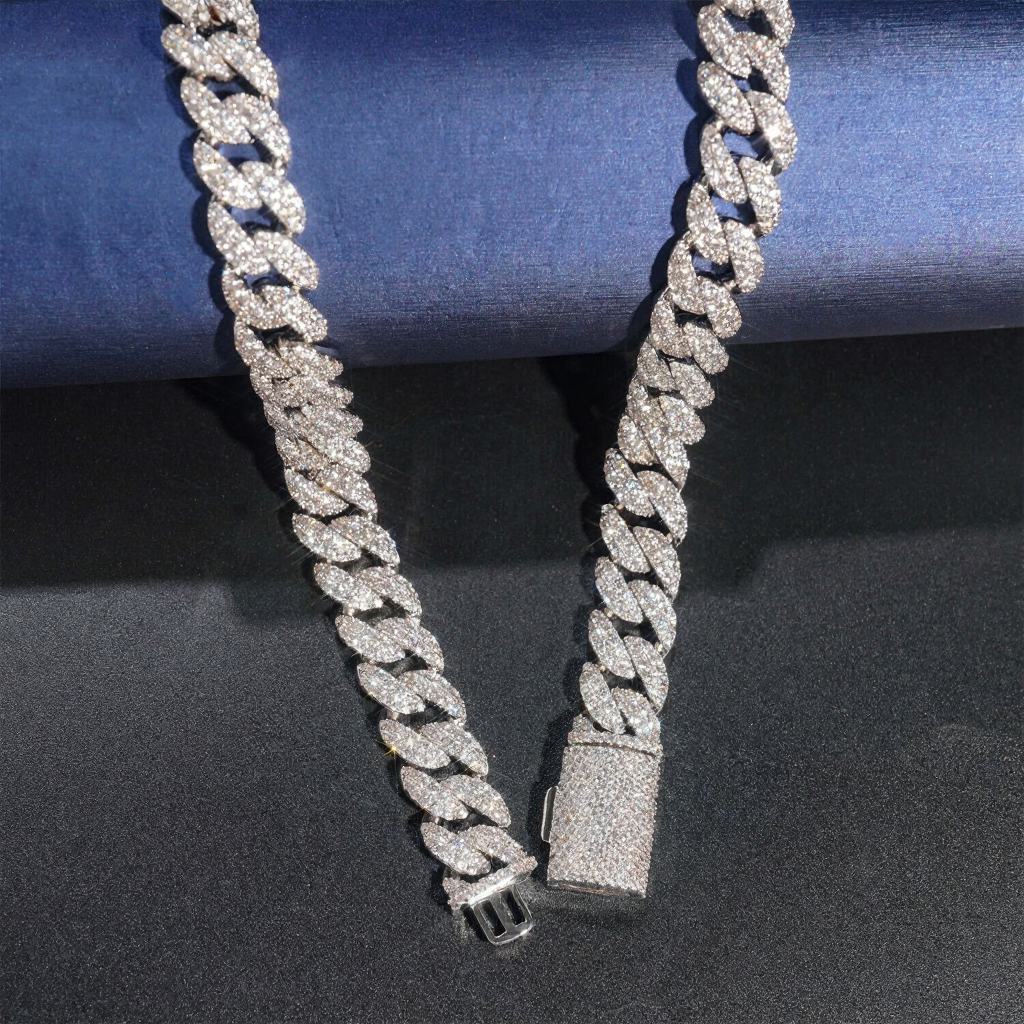 Moon Shape Two Row 12mm Moissanite Cuban Link Chain