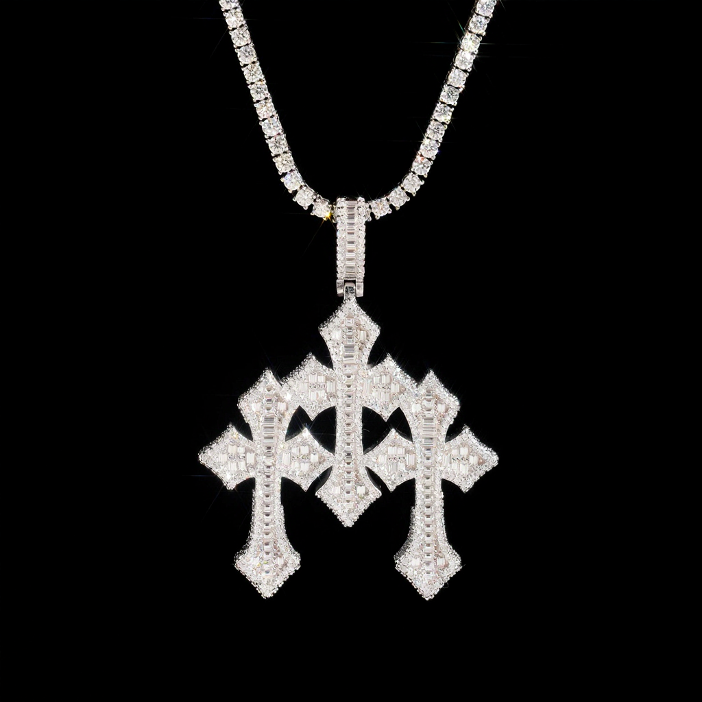 Hip Hop Three Cross Baguette Moissanite Pendant