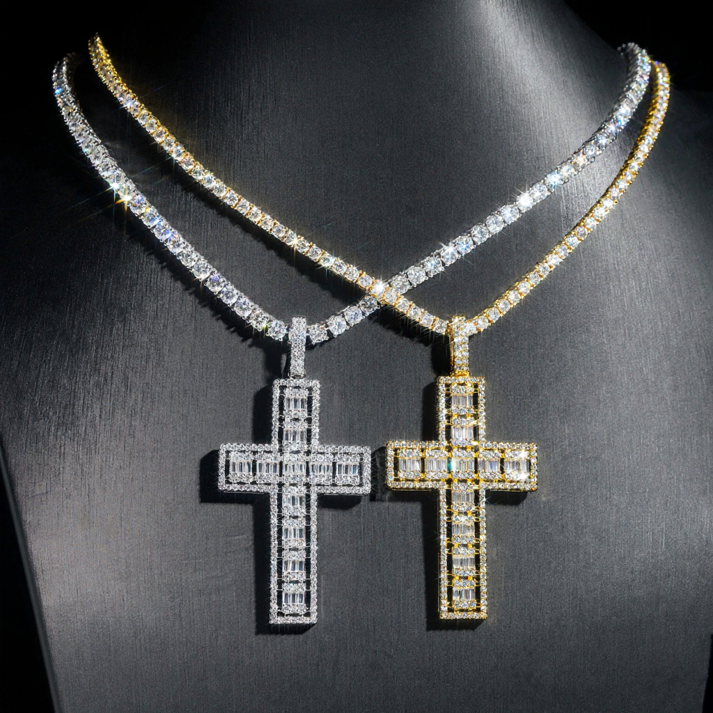 Hip Hop Iced Out Cross Baguette Diamond Pendant