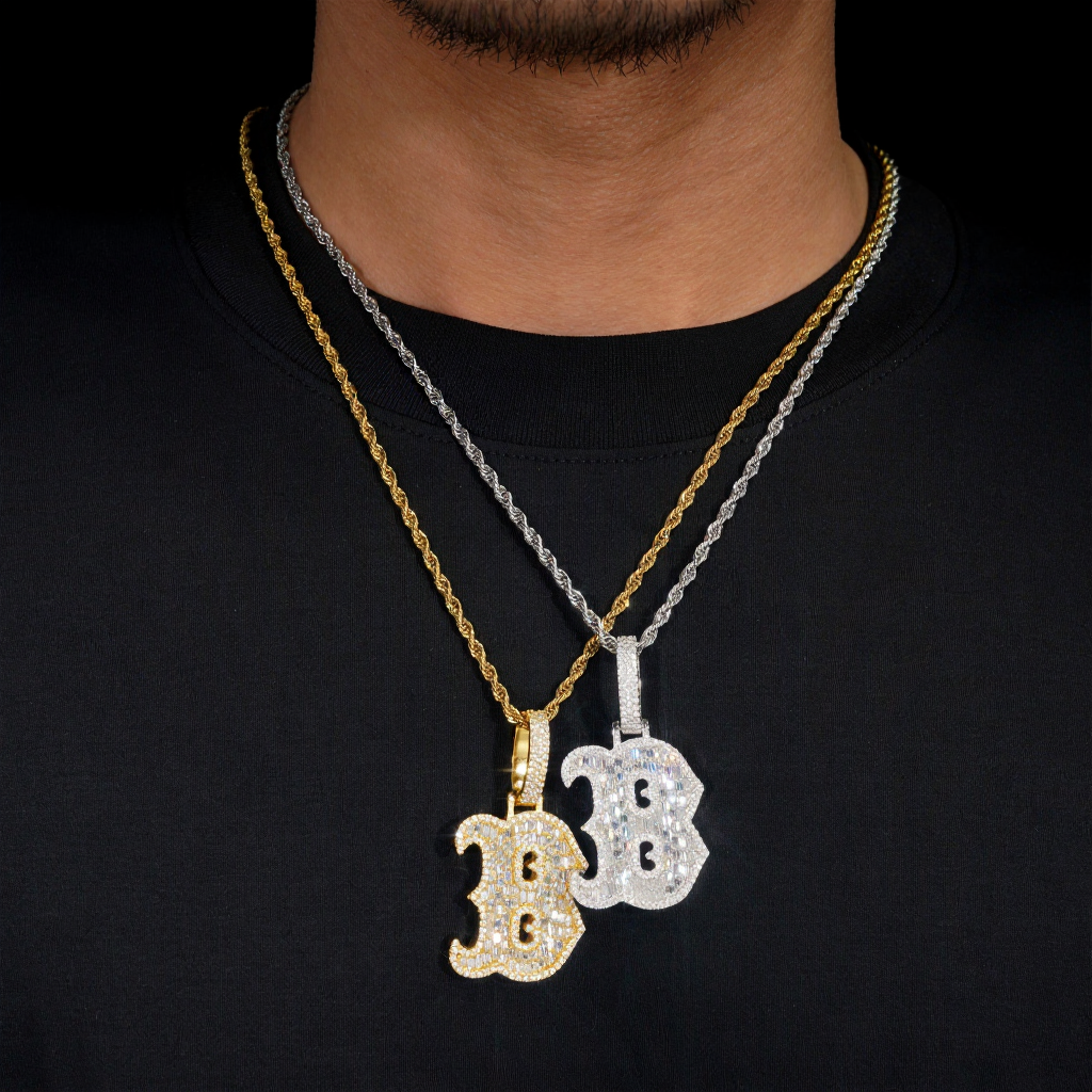 Letter B Baguette Design Moissanite Pendant 18k Gold
