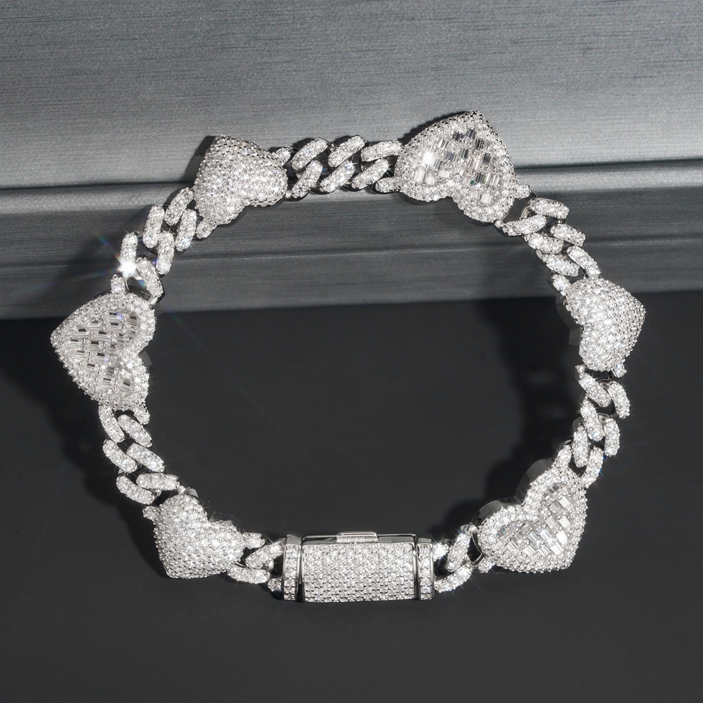 Popular Thin 8mm Baguette Heart 925 Silver Moissanite Diamond Cuban Bracelet