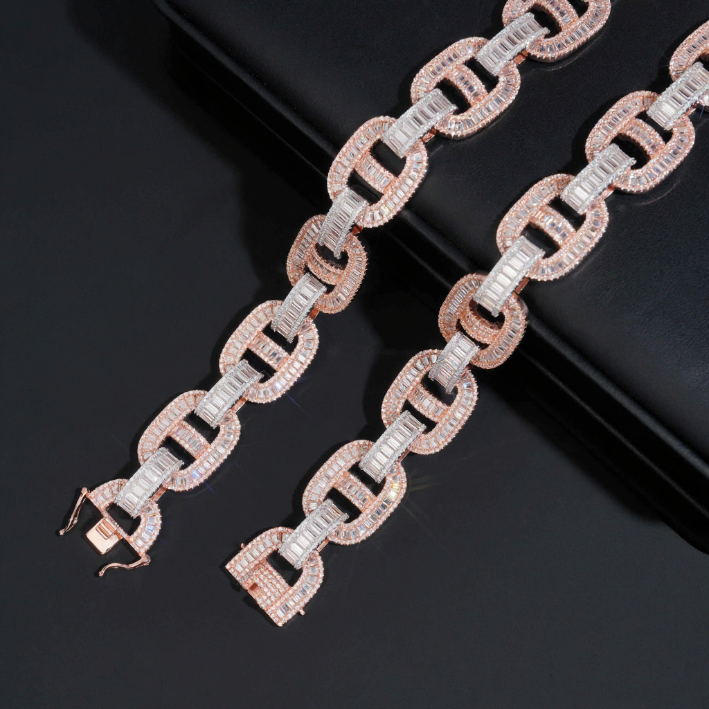 High End Two Tone 18MM Baguette Moissanite Cuban Link Chain