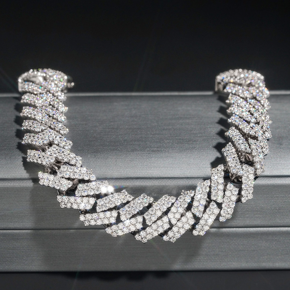 15mm Width Regular Miami Moissanite Solid Silver 925 Cuban Link Chain