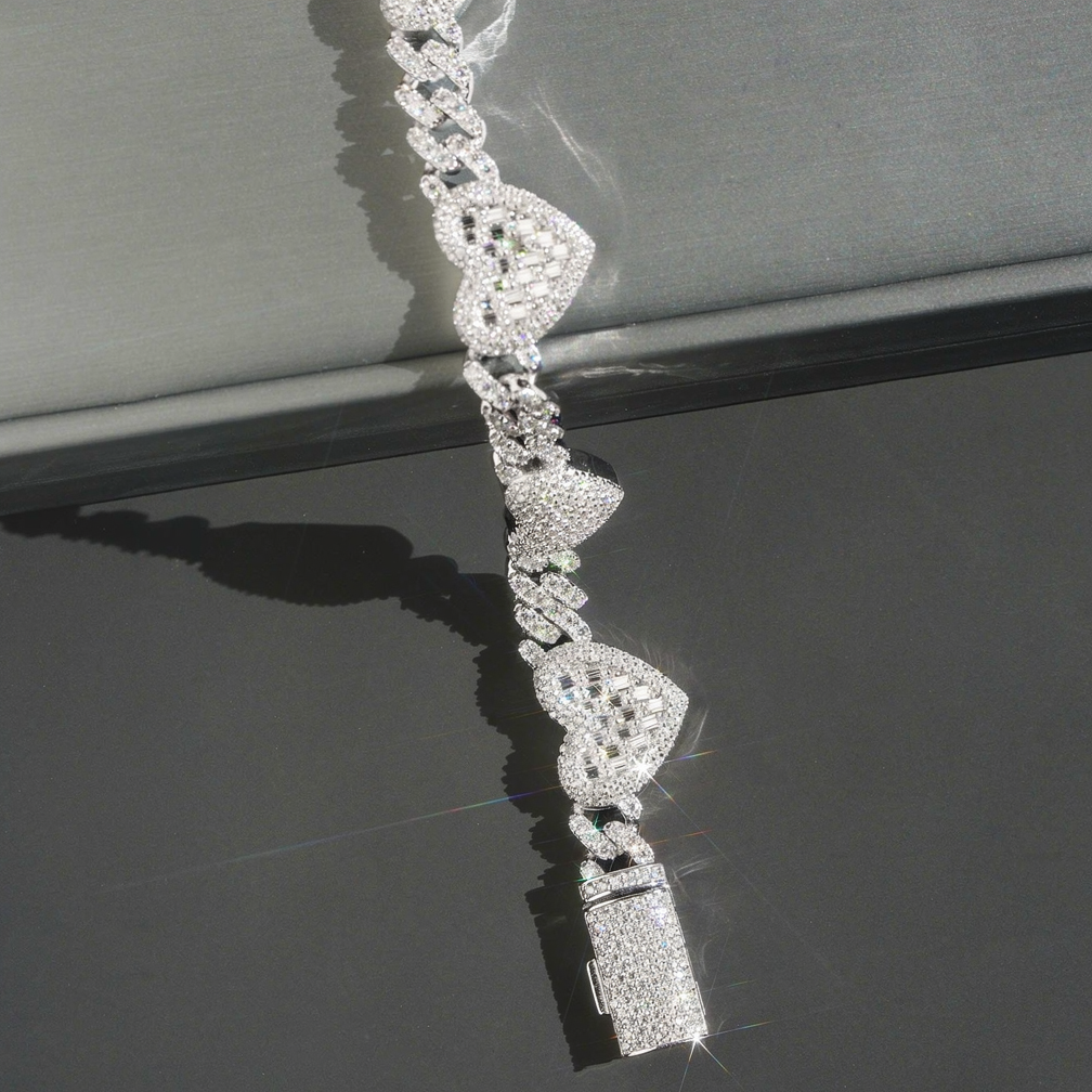 Popular Thin 8mm Baguette Heart 925 Silver Moissanite Diamond Cuban Bracelet