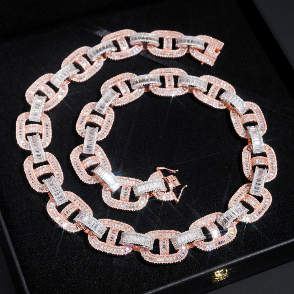 High End Two Tone 18MM Baguette Moissanite Cuban Link Chain