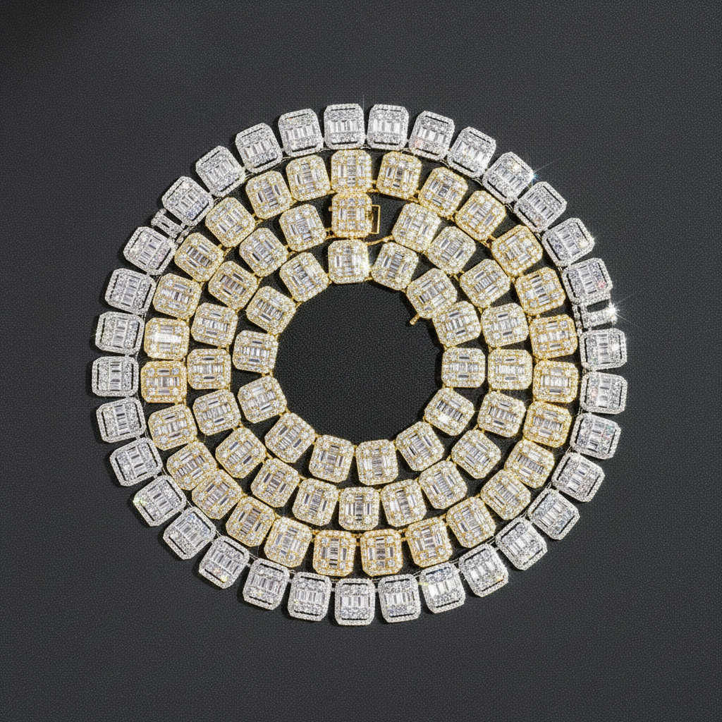New Design Fashion 13mm Baguette CZ Diamond Cluster Tennis Chain