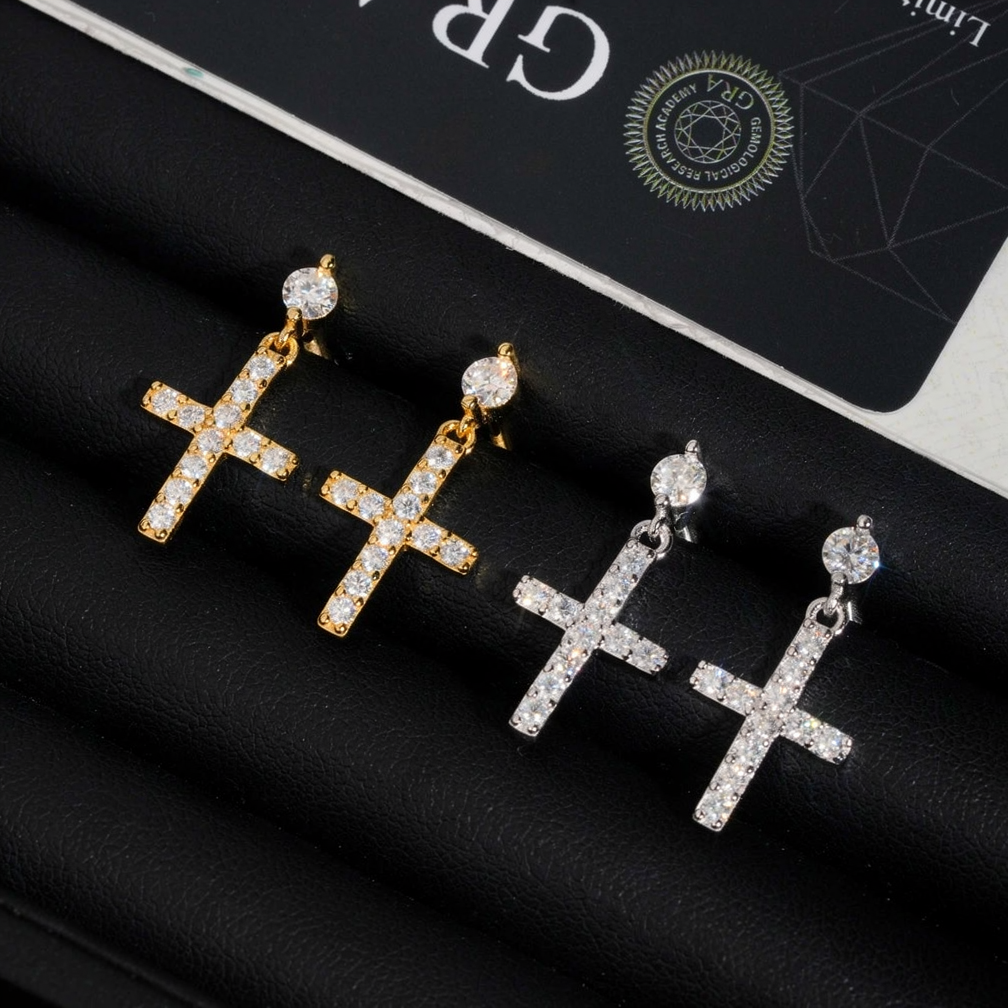 Hip Hop Moissanite Cross Drop Earrings