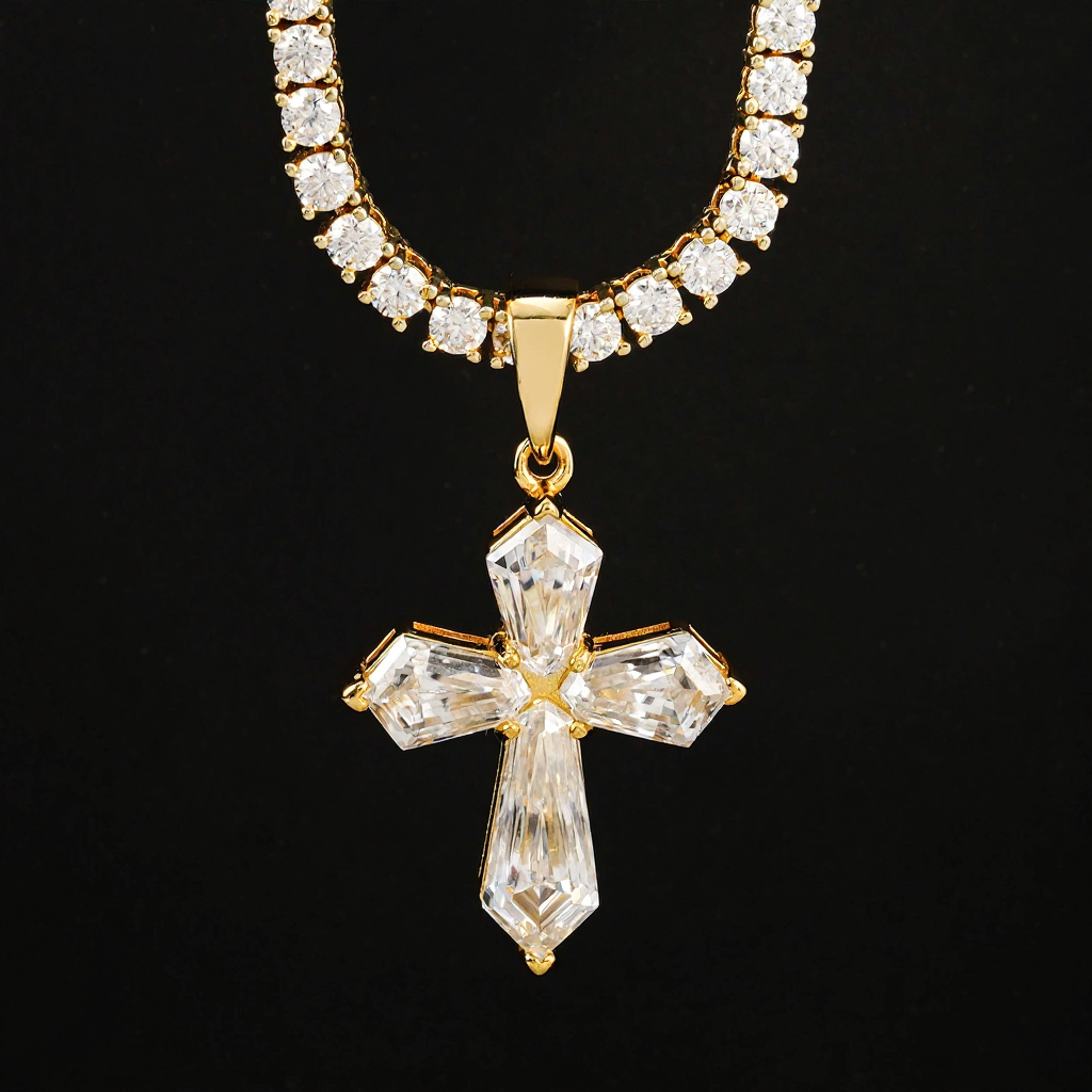 Fancy Shape Cross Moissanite Pendant 18k Gold