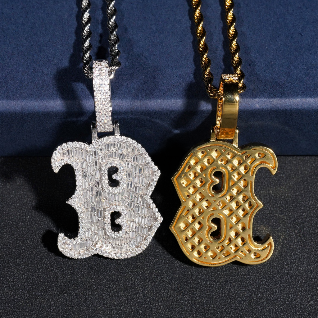 Letter B Baguette Design Moissanite Pendant 18k Gold