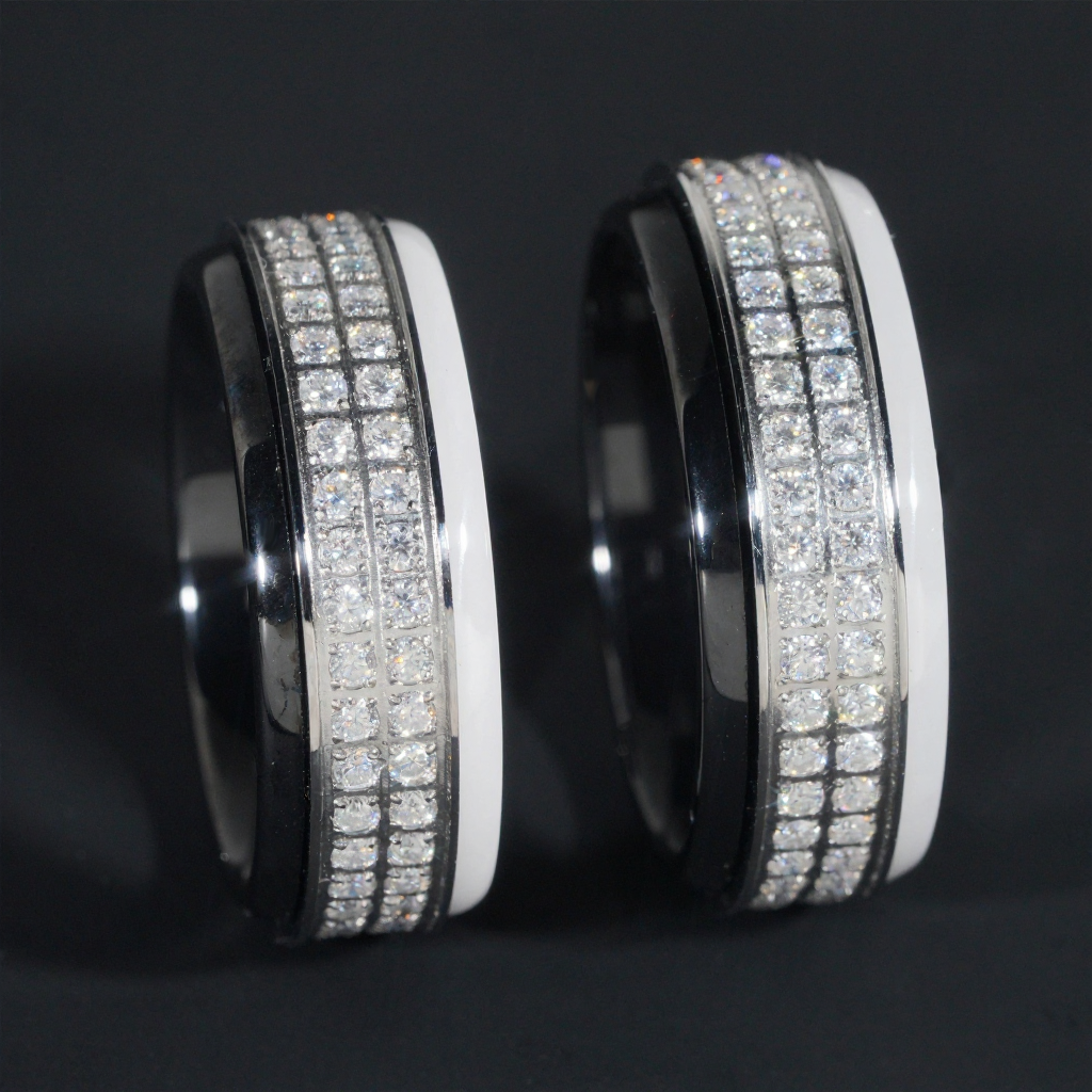 White Black Enamel Mixed Moissanite Ring 18K Gold