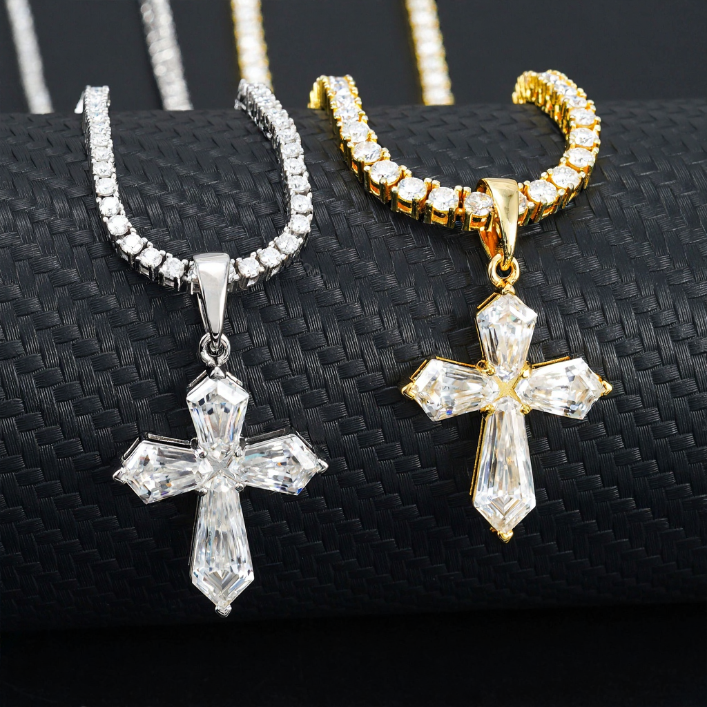 Fancy Shape Cross Moissanite Pendant 18k Gold