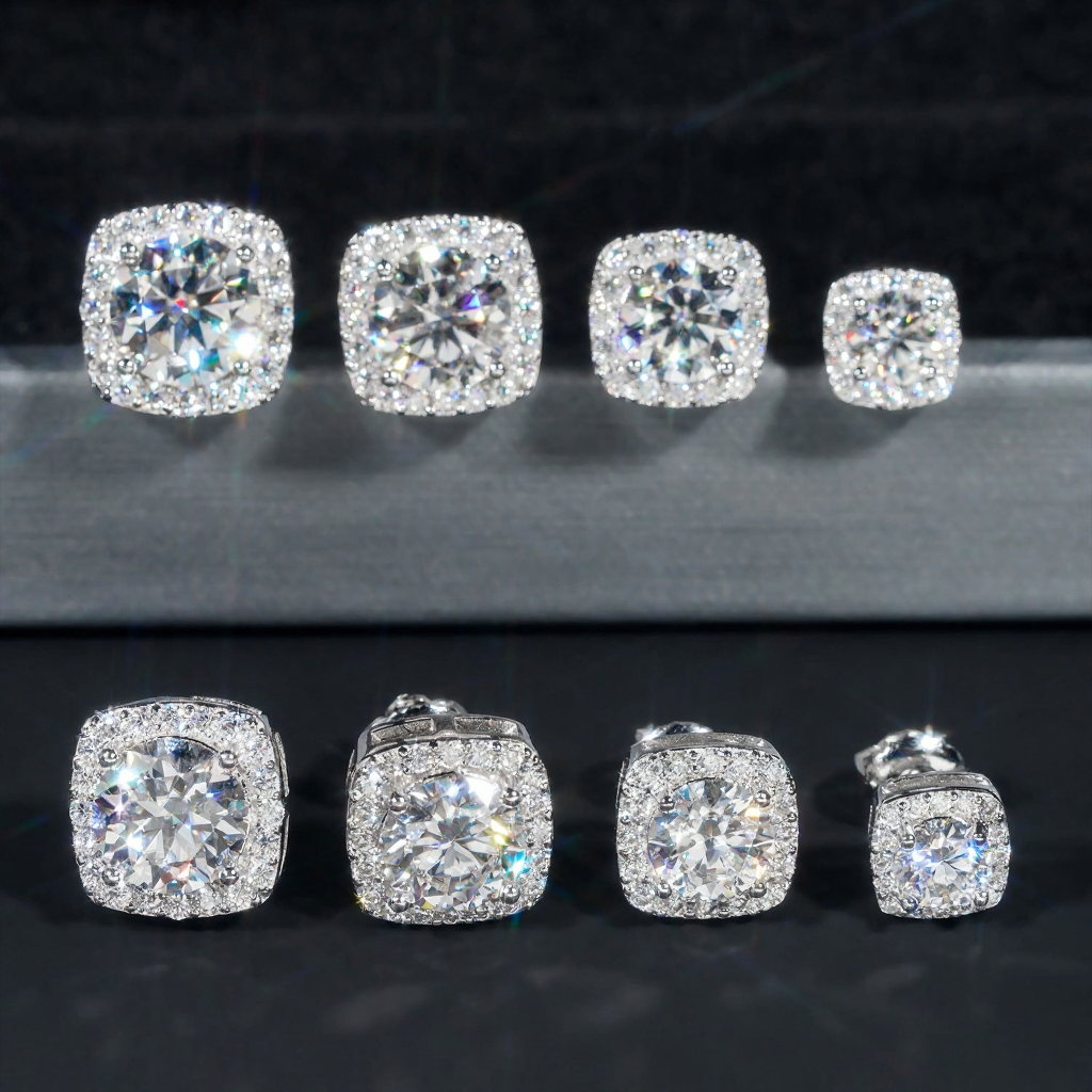 Square Shape Halo Design D Color Moissanite Earring