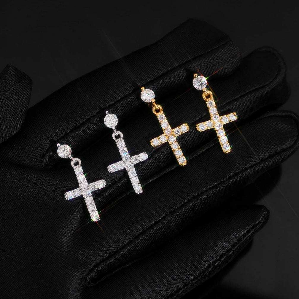 Hip Hop Moissanite Cross Drop Earrings