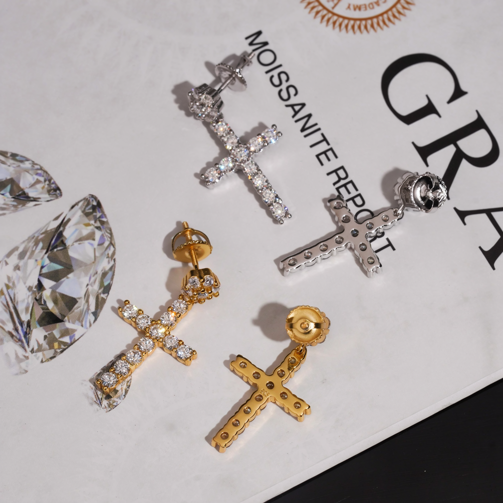 Iced Out Cross Mens Moissanite Earrings