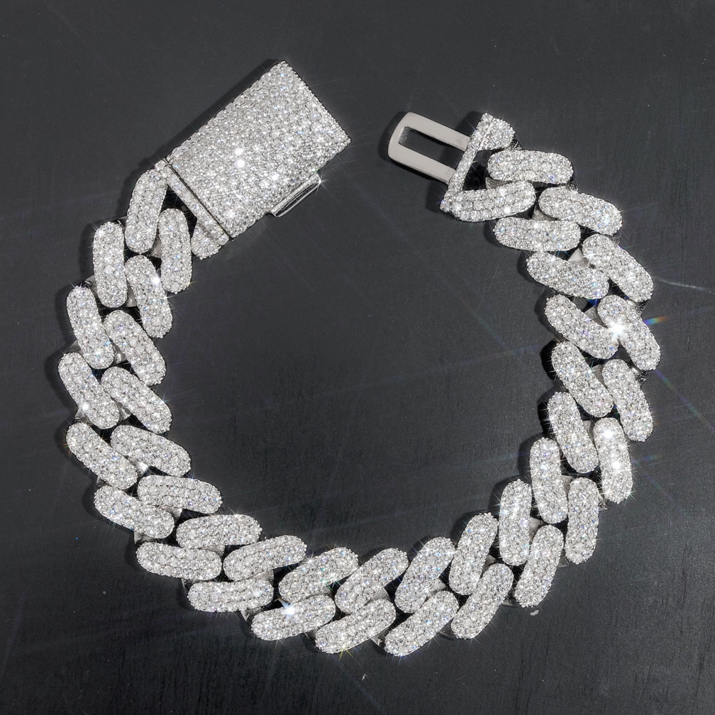 Solid Silver Heavy Miami 16mm Hip Hop Moissanite Cuban Link Bracelet