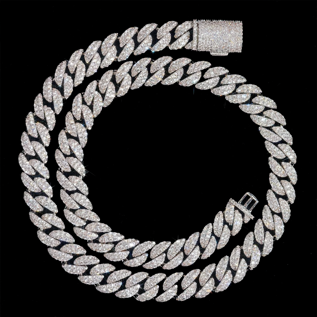 Moon Shape Two Row 12mm Moissanite Cuban Link Chain