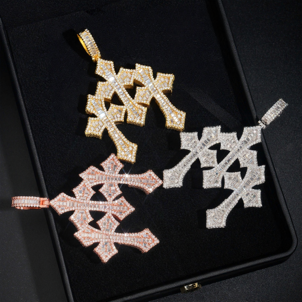 Hip Hop Three Cross Baguette Moissanite Pendant