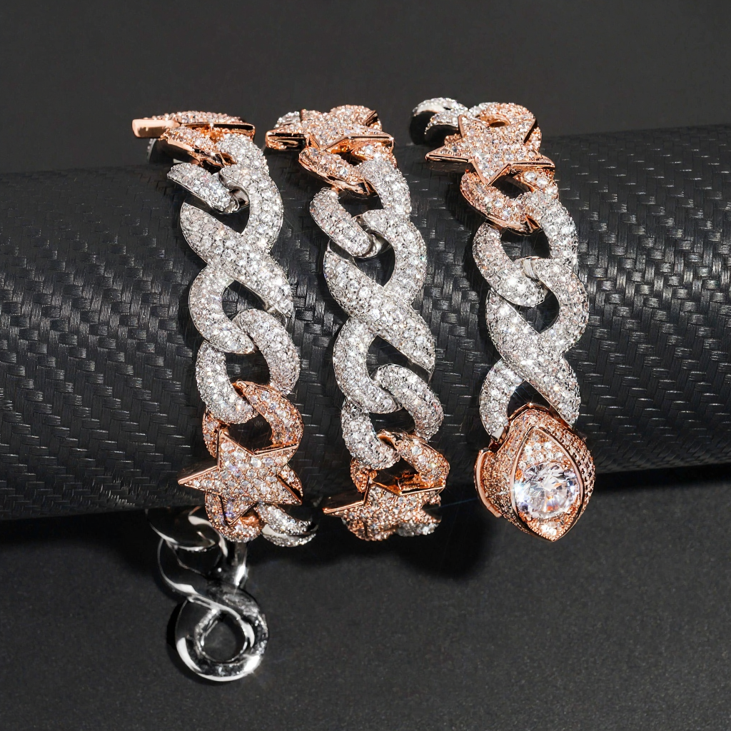 15mm Two Tone Diamond 18k Gold Plated Star Cuban Link Chain