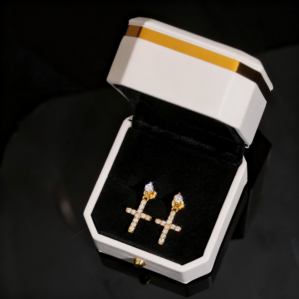 Hip Hop Moissanite Cross Drop Earrings