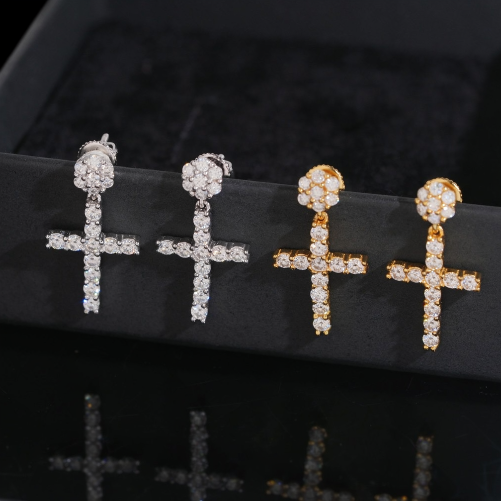 Iced Out Cross Mens Moissanite Earrings