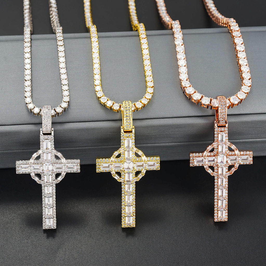 Cross Moissanite Diamond 18k Gold Plated Pendant