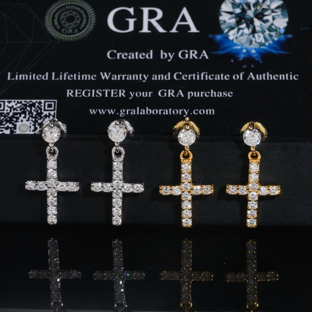 Hip Hop Moissanite Cross Drop Earrings