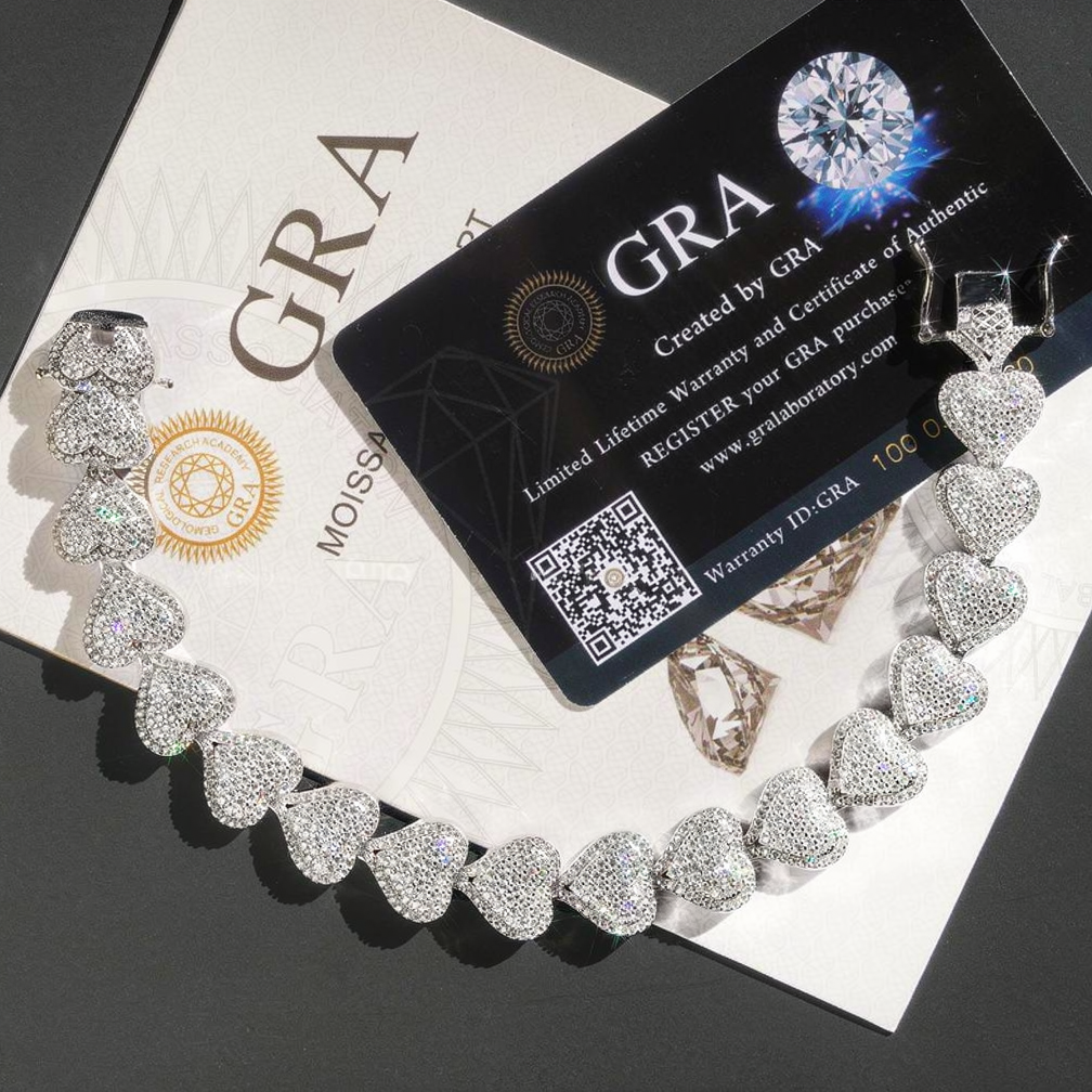 Heart Shape 13mm 925 Sterling Silver Iced Out Moissanite Cuban Link Bracelet