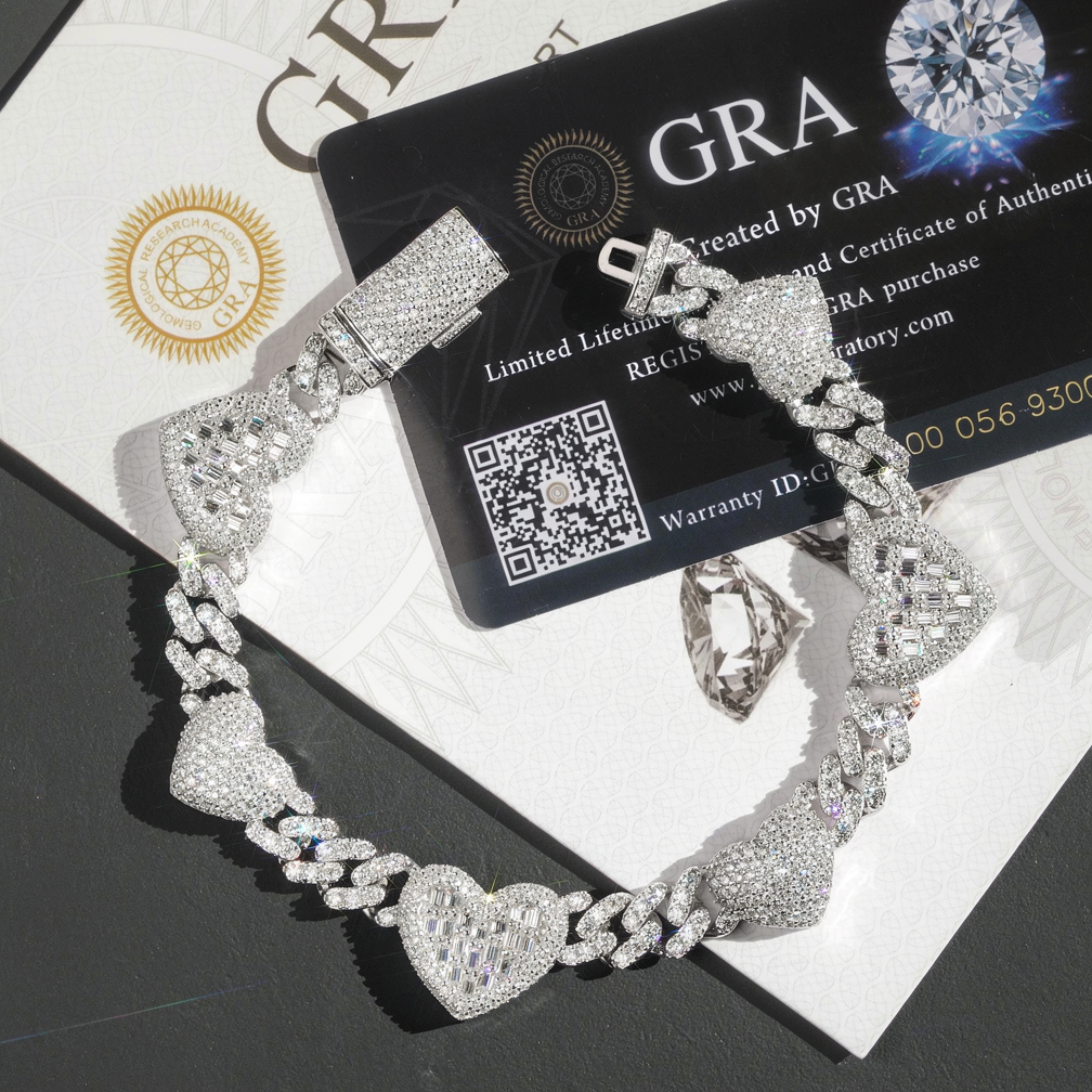 Popular Thin 8mm Baguette Heart 925 Silver Moissanite Diamond Cuban Bracelet