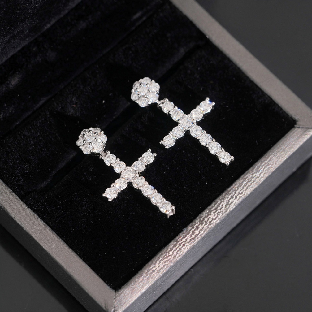 Iced Out Cross Mens Moissanite Earrings