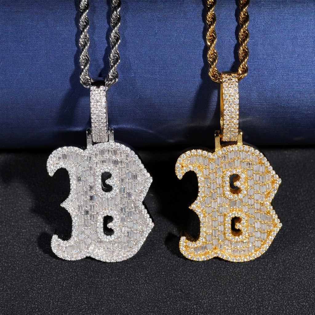 Letter B Baguette Design Moissanite Pendant 18k Gold