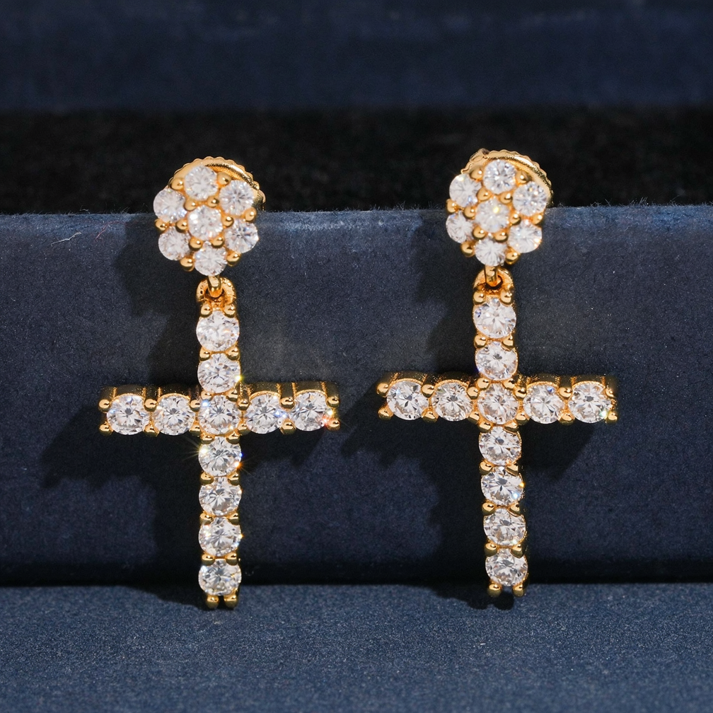 Iced Out Cross Mens Moissanite Earrings