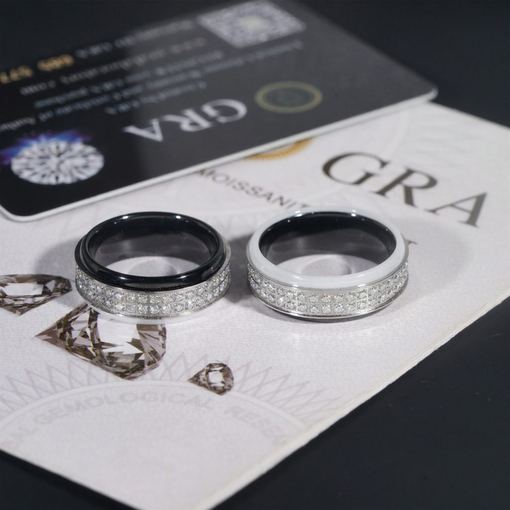 White Black Enamel Mixed Moissanite Ring 18K Gold