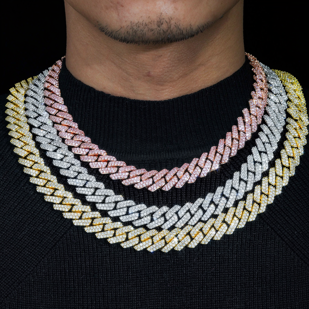 High Quality Brass CZ Diamond Necklace 15mm Width Cuban Link Chain