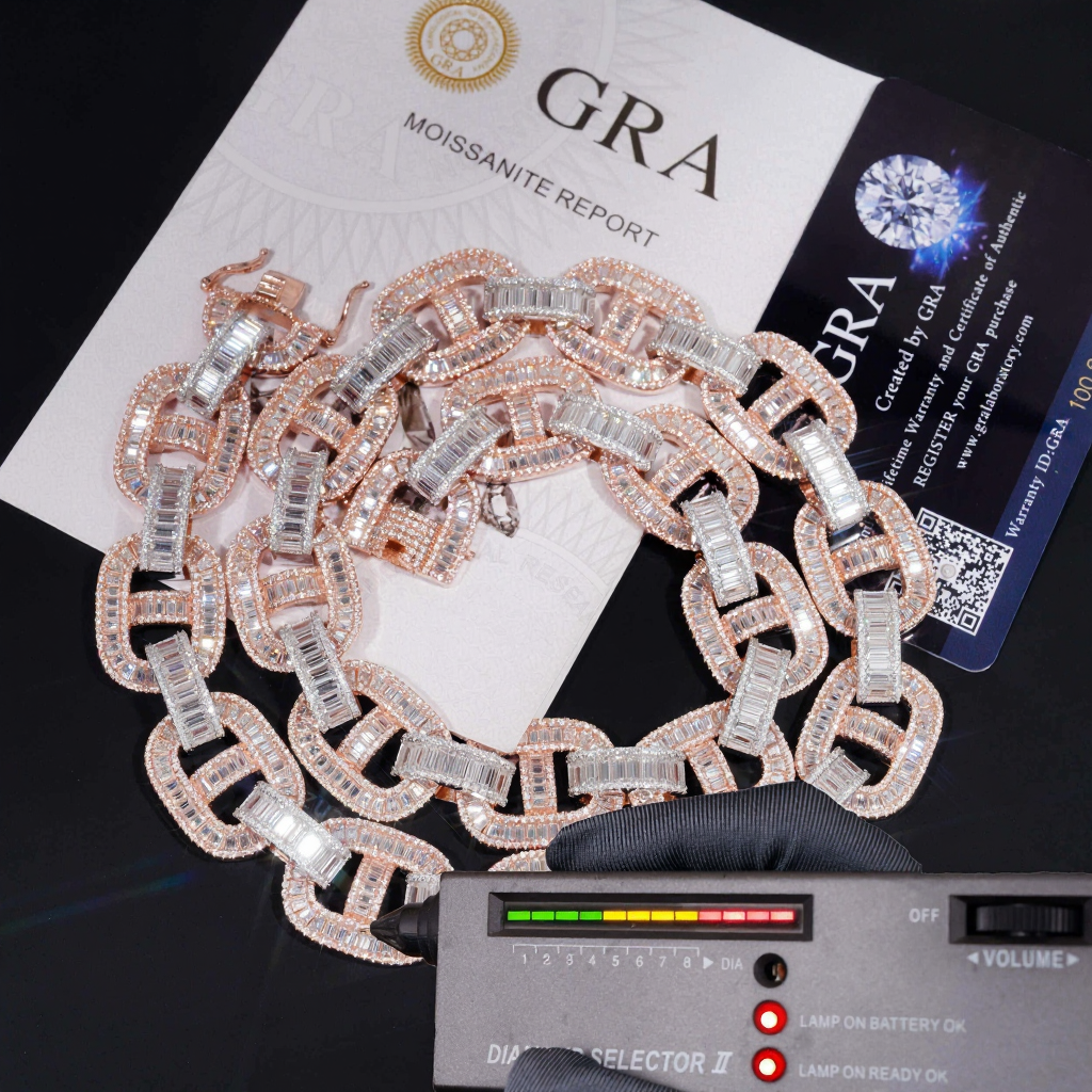 High End Two Tone 18MM Baguette Moissanite Cuban Link Chain