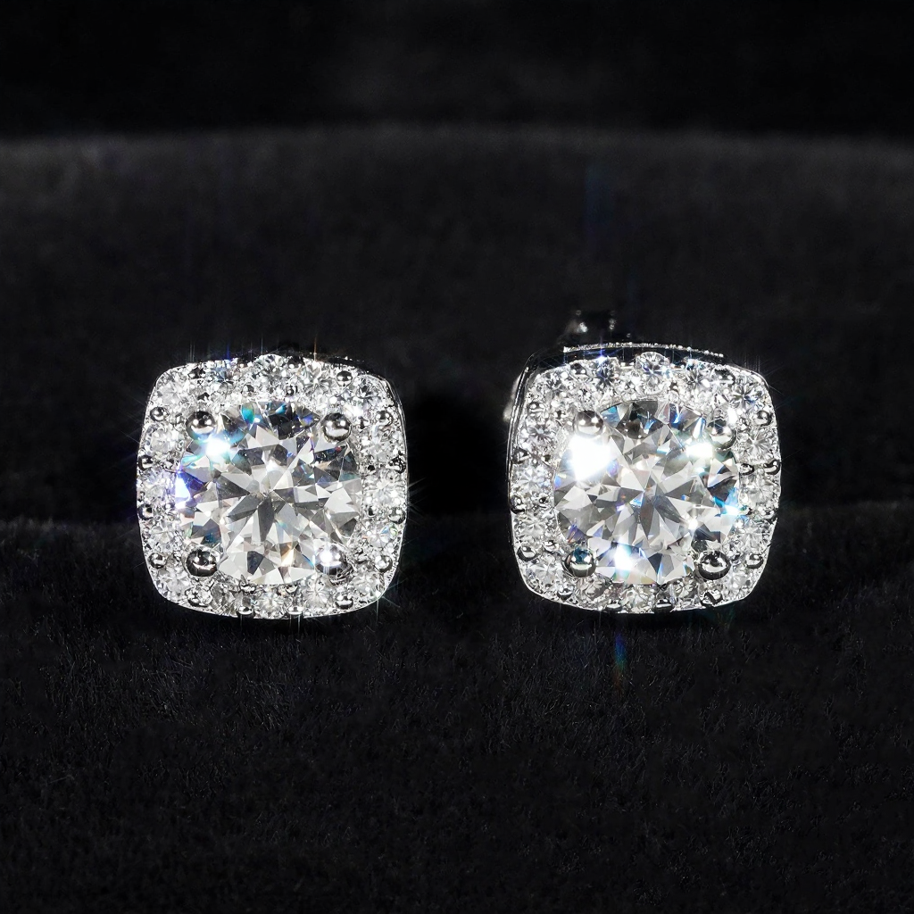 Square Shape Halo Design D Color Moissanite Earring