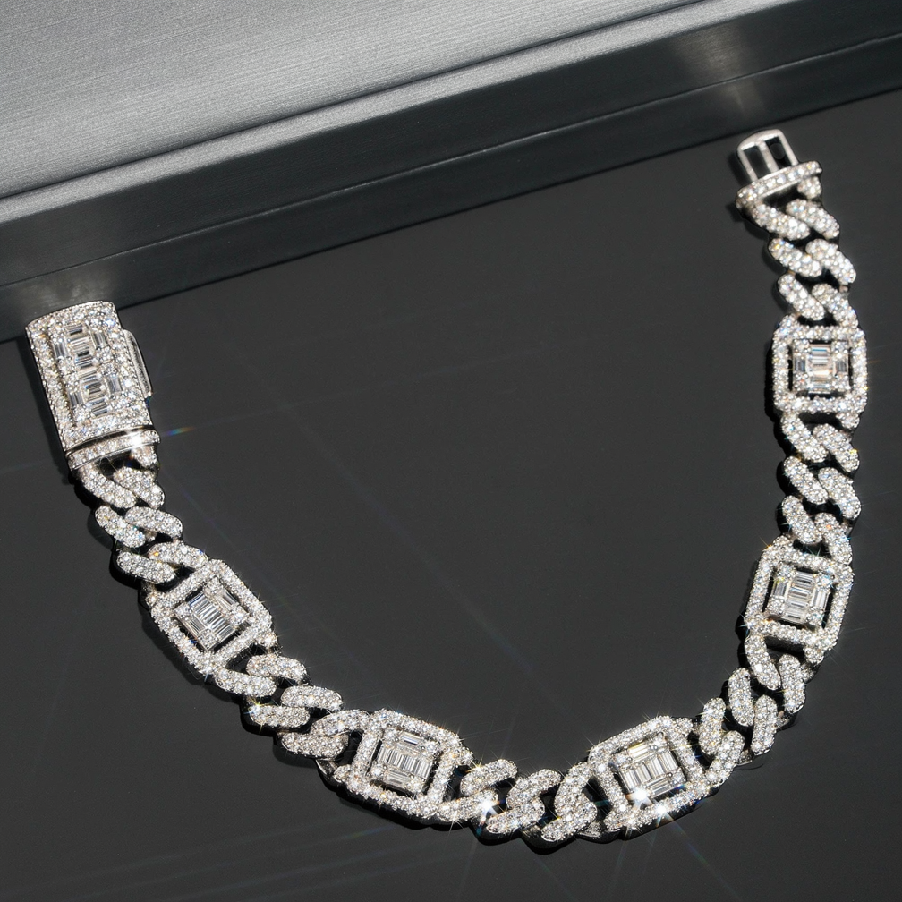 Iced Out Hip Hop 12mm Baguette Moissanite Diamond Cuban Link Bracelet