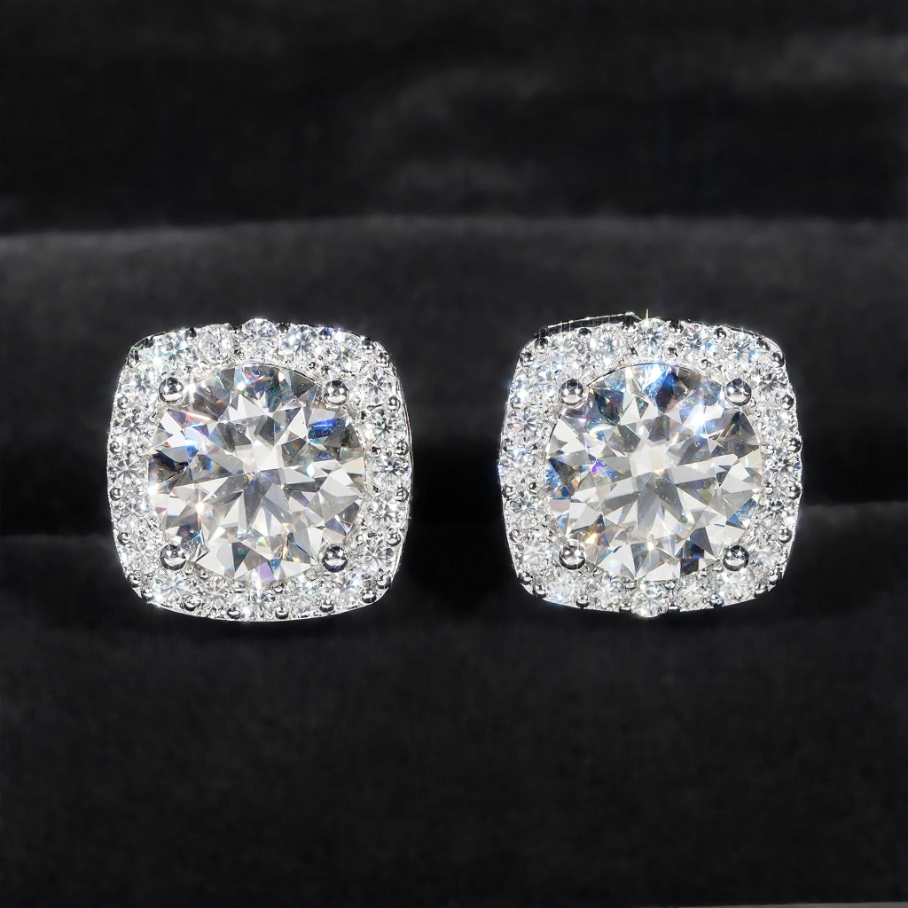 Square Shape Halo Design D Color Moissanite Earring